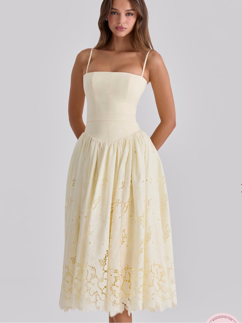 House of CB YSABELLA Lemon Custom Lace + Broderie Anglaise Midi Sundress